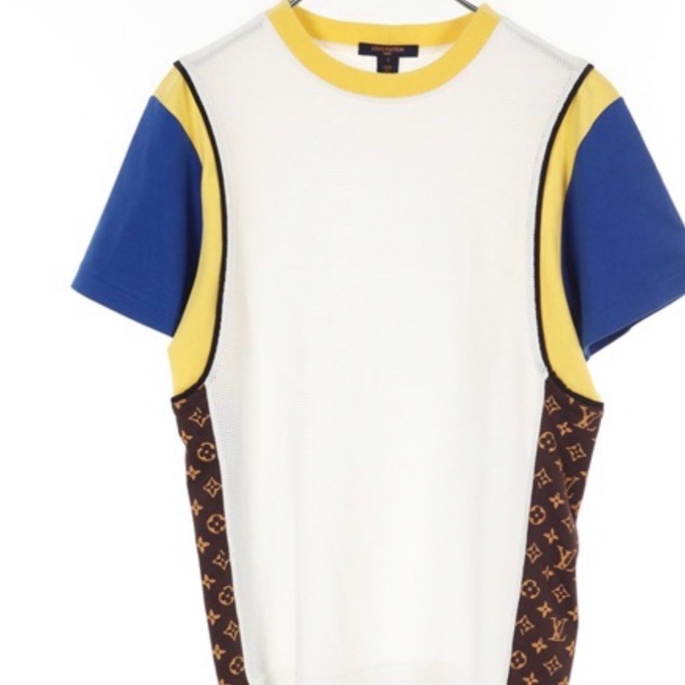 Louis Vuitton White Blue Yellow Monogram Panel Short Sleeve Tee